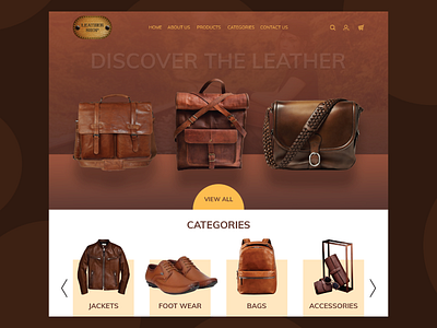Ecommerce Theme apparel bags brown cart categories creative ecommerce app ecommerce template ecommerce theme flat banners layout leather goods products selling slider design two color website