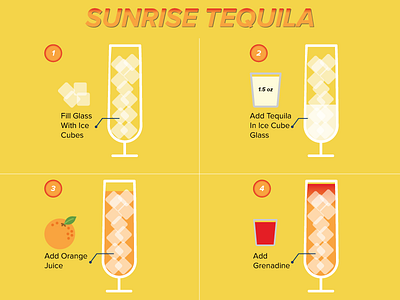 Tequila addiction alcohol drinks glass grenadine ice ice cube infograph infographic infographic design infographics liquor orange pomegranate step by step sunrise taste tequila tequila shot water