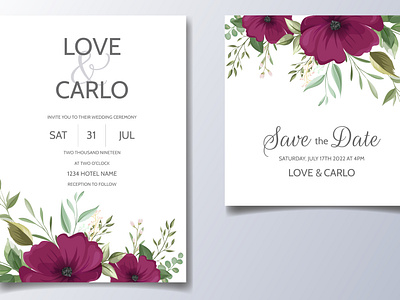 Beautiful wedding invitation card template with floral leaves