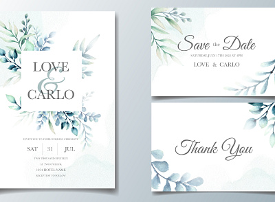 Elegant wedding invitation cards template with watercolor leaves background border bouquet card decoration decorative design elegant floral frame illustration invitation invite leaf spring template vector vintage watercolor wedding