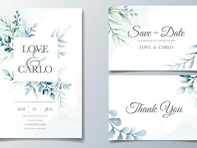 Elegant wedding invitation cards template with watercolor leaves