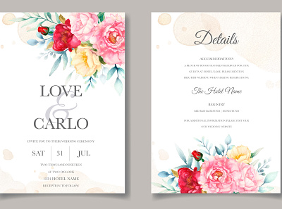 Elegant wedding invitation cards template with watercolor flower background card decoration decorative design elegant floral flower frame greeting illustration invitation invite leaf spring template vector vintage watercolor wedding