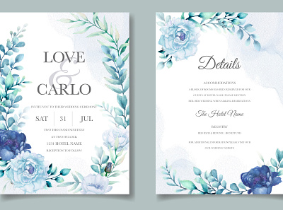 Wedding invitation card with blue watercolor floral background blue botanical card celebration design floral flower frame illustration invitation nature pattern spring summer template vector vintage watercolor wedding