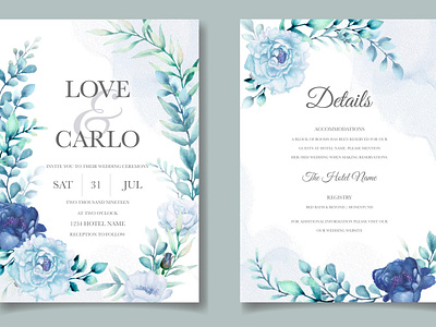 Wedding invitation card with blue watercolor floral