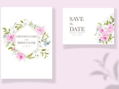 Beautiful wedding invitation template set with soft pink floral