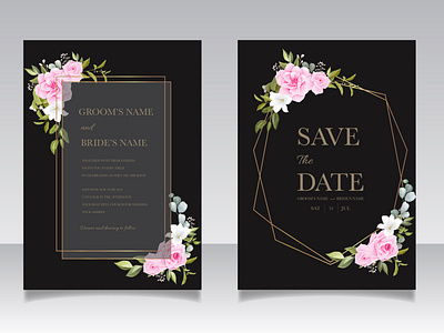 Wedding invitation template set with pink floral and gold border