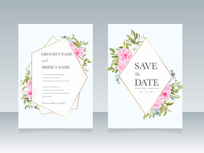 Wedding invitation template set with soft pink floral frame