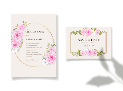 Wedding invitation template set with soft pink floral and leaves arrangements background border card celebration design drawing floral flower illustration invitation leaves pink rose set soft template vintage watercolor wedding