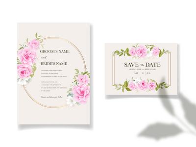 Wedding invitation template set with soft pink floral and leaves