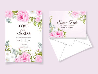 Wedding invitation template set with soft pink floral and leaves arrangements background border card celebration design drawing flower greeting illustration invitation pink rose set soft template vintage wedding weddings white