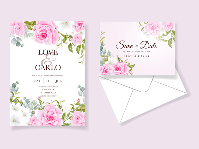 Wedding invitation template set with soft pink floral and leaves