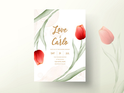 modern wedding invitation with red tulip flower