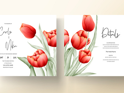 modern wedding invitation with red tulip flower