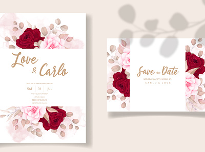 Beautiful peach and maroon floral wedding card abstract botanic bridal card delicate elegant garden gold greeting illustration invite leaf pattern romantic rose rustic set valentine vector wedding