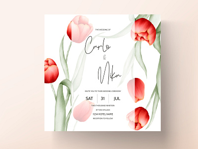 modern wedding invitation with red tulip flower