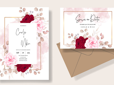 Beautiful peach and maroon floral wedding card abstract botanic bridal card delicate elegant garden gold greeting illustration invite leaf pattern romantic rose rustic set valentine vector wedding