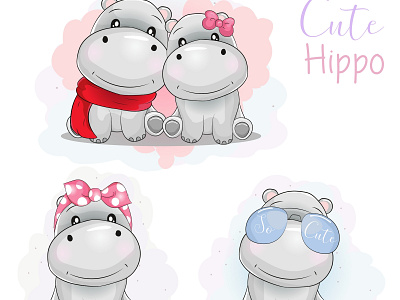 set cute cartoon hippo with ribbon, sun glasses and scarf animal animals art baby background cartoon characters child cute design fashion hippo hippopotamus illustration isolated set smile tutu vector white