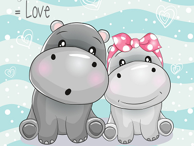 two cute hippo cartoon on striped background animals art baby beautiful card cartoon cute decoration design fun girl greeting happiness heart hippo image love pink valentines vector