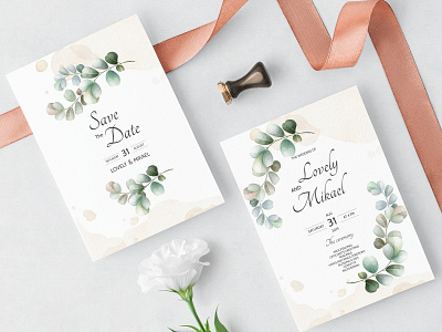 wedding invitation card with Eucalyptus leaves template