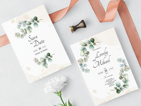 wedding invitation card with Eucalyptus leaves template by dino mikael ...