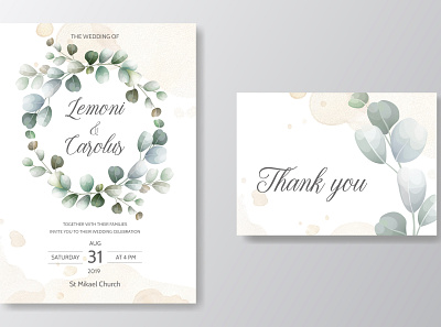 wedding invitation card with Eucalyptus leaves template art autumn winter background banner beautiful border botanical bouquet branch card celebration decoration decorative design elegant eucalyptus floral flower foliage forest