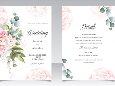 Wedding invitation card template set with beautiful floral leave