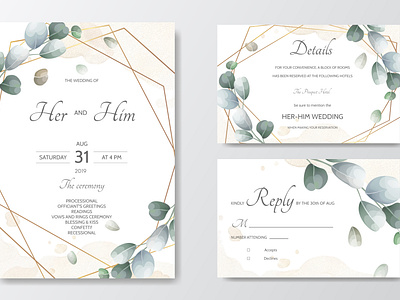 hand drawn green leaves wedding invitation card