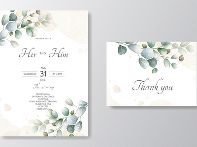 wedding invitation card with Eucalyptus leaves template