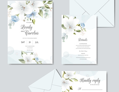 Beautiful Floral Wreath Wedding Invitation Card Template anniversary artistic artwork background beautiful blossom border bouquet card celebration ceremony date decoration decorative design elegant element floral lily navy