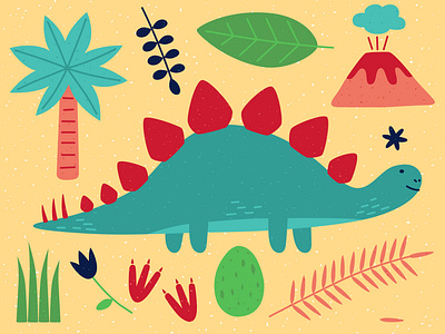 Stegosaurus animal design dino dinosaur dinosaurus egg flover footprints illustration leaves minimal palmtree vector volcano