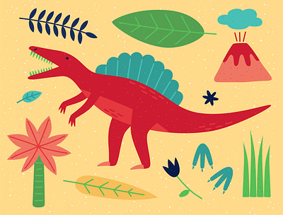 Spinosaurus animal dino dinosaur dinosaurs dinosaurus footprints icon illustration leaves minimal palmtree vector volcano
