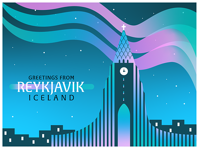 Reykjavik, Iceland aurora borealis church city illustration cityscape clocktower explore fairytale greeting iceland icelandic illustraion magical northern lights postcard postcard design reykjavik stars top 5 travel waves