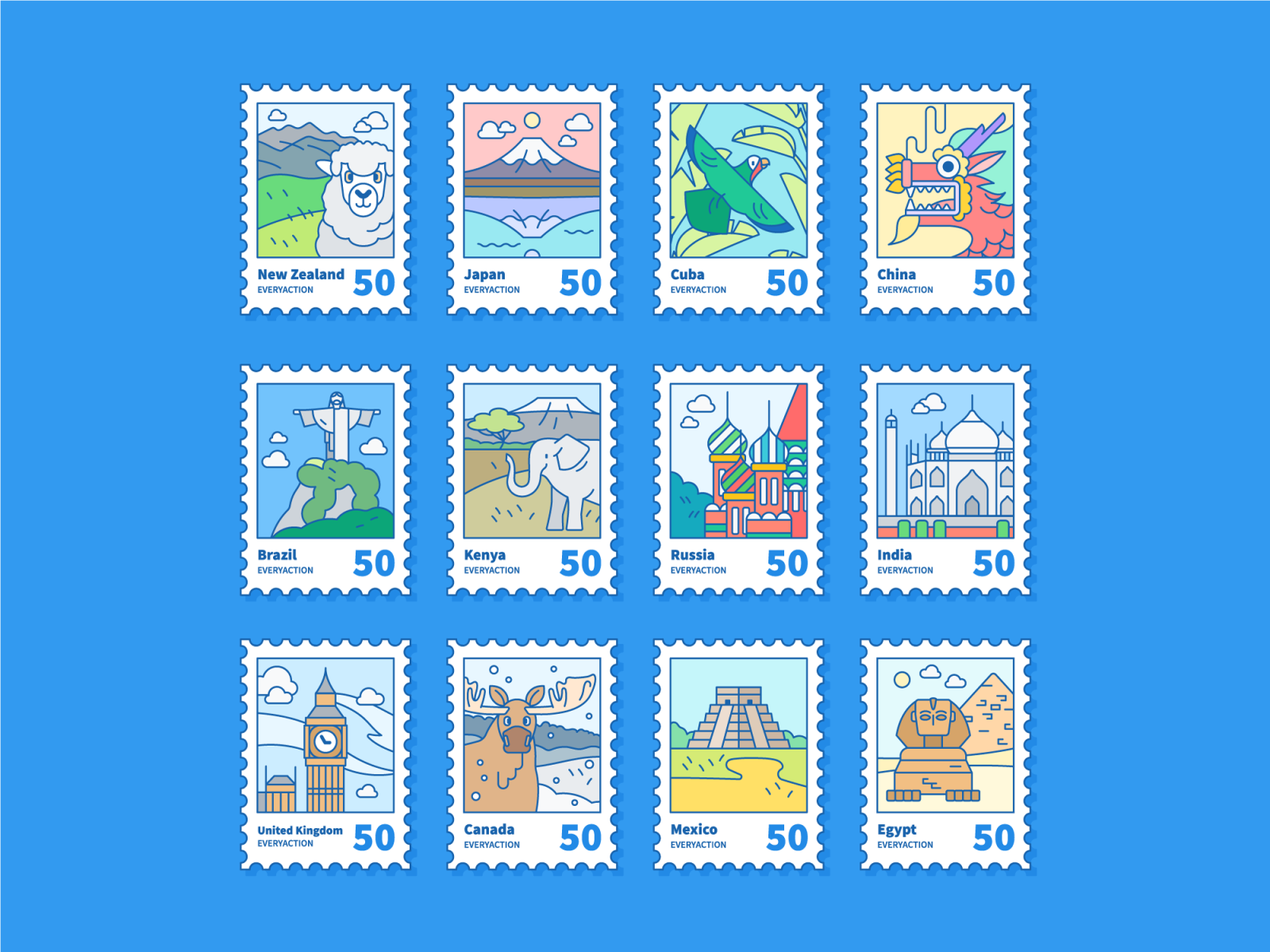 World Stamps by Gabriella Fagundez for EveryAction on Dribbble