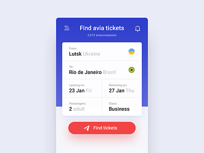 Aviato - Avia tickets app android app avia blue flight plane red ticket ui