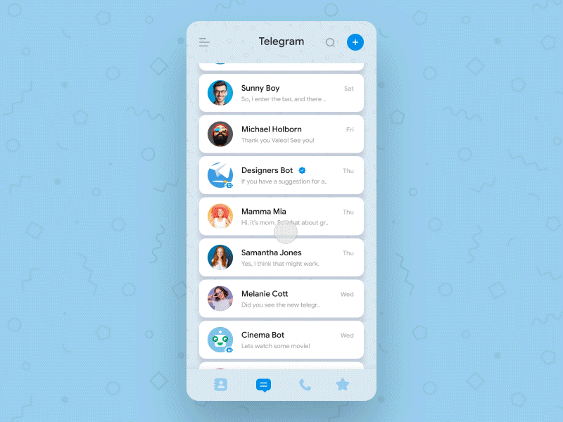 Telegram concept redesign interaction ae after effects android animation app blue chat chatting concept figma interaction keyboard message messaging principle redesign sketch telegram ui ux