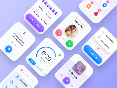Apple Watch OS - Screens UI alarm apple watch audio player blue clean clear figma fitness tracker gps incoming call ios notifications purple route smartwatch ui ux voice search watch watch os