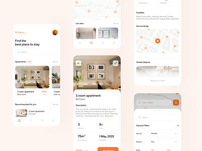 Apartments Listing App apartments app book booking buy clean design filter finder home interface listing minimalistic mobile property real estate rent search sell ui