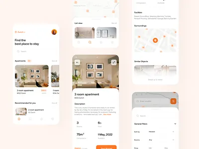 Apartments Listing App apartments app book booking buy clean design filter finder home interface listing minimalistic mobile property real estate rent search sell ui