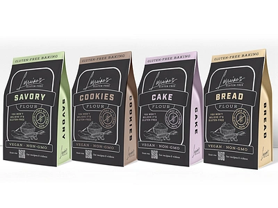 Lorraine's Gluten-Free Flour Packaging bag baking branding cake chalkboard cookies cooking design flour food glutenfree identity illustration logo muffins packaging savory signature typography vector