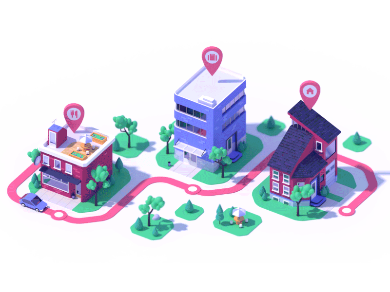 Rebound: Nick Slater illo, in 3D motion aftereffects gif animated animation blender render modeling 3d orthographic ortho drive car city lowpoly cute buildings illustration rebound