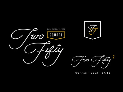 Two Fifty Square black coffee gold hand drawn logo modern retro script simple type typography white