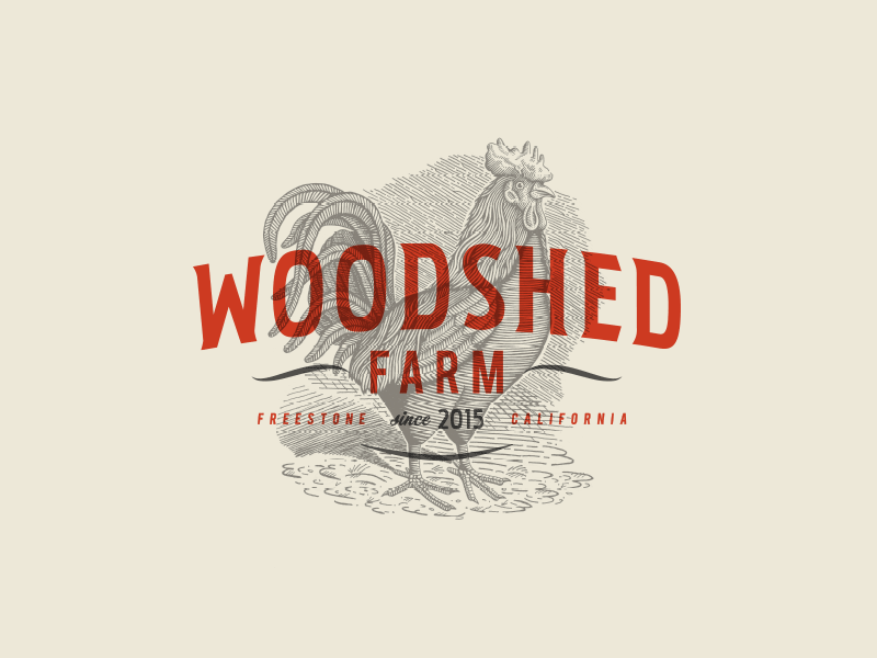 Woodshed Farm branding custom etching hand drawn logo rooster typography