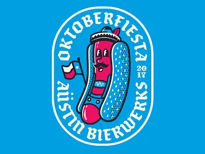 Austin Beerworks Oktoberfiesta 2017 beer bratwurst bun character hotdogs illustration lederhosen mascot mustache oktoberfest sombrero texas