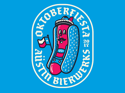 Austin Beerworks Oktoberfiesta 2017 beer bratwurst bun character hotdogs illustration lederhosen mascot mustache oktoberfest sombrero texas