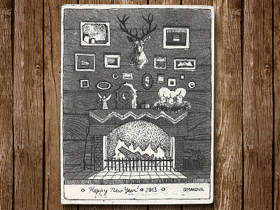 Christmas Postcard. Etching 2013 christmas deer etching fireplace postcard