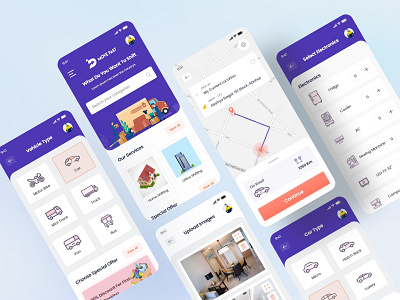 Packers and Movers UI Kit appdesign booking app concept courier service creative design delivery illustration ios app location app mobile app mockup movers movers and packers concept on demand app packers packers and movers product transport ui ux