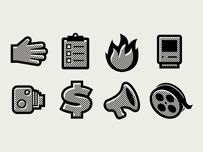 Icon studies black and white camera computer film fire flat halftone hand icon icons
