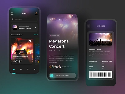 Event App Design 🎉 app booking clean concert dark dark app entertainment event event app festival ios mobile ticket app ticket booking typography ui ux