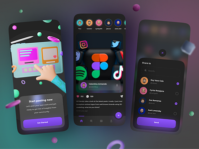 Sosy - Social Media App 🎉 3d 3dmodeling app blender3d clean dark app dark mode design feed figma minimalist mobile post share social media social network trending ui ux