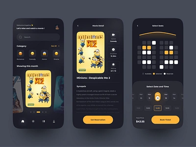 Pilm - Cinema Booking App 🎫 booking app cinema cinema app cinematic clean dark mode film minimalist mobile app movie app movie poster movies ticket app ticket booking ui uidesign